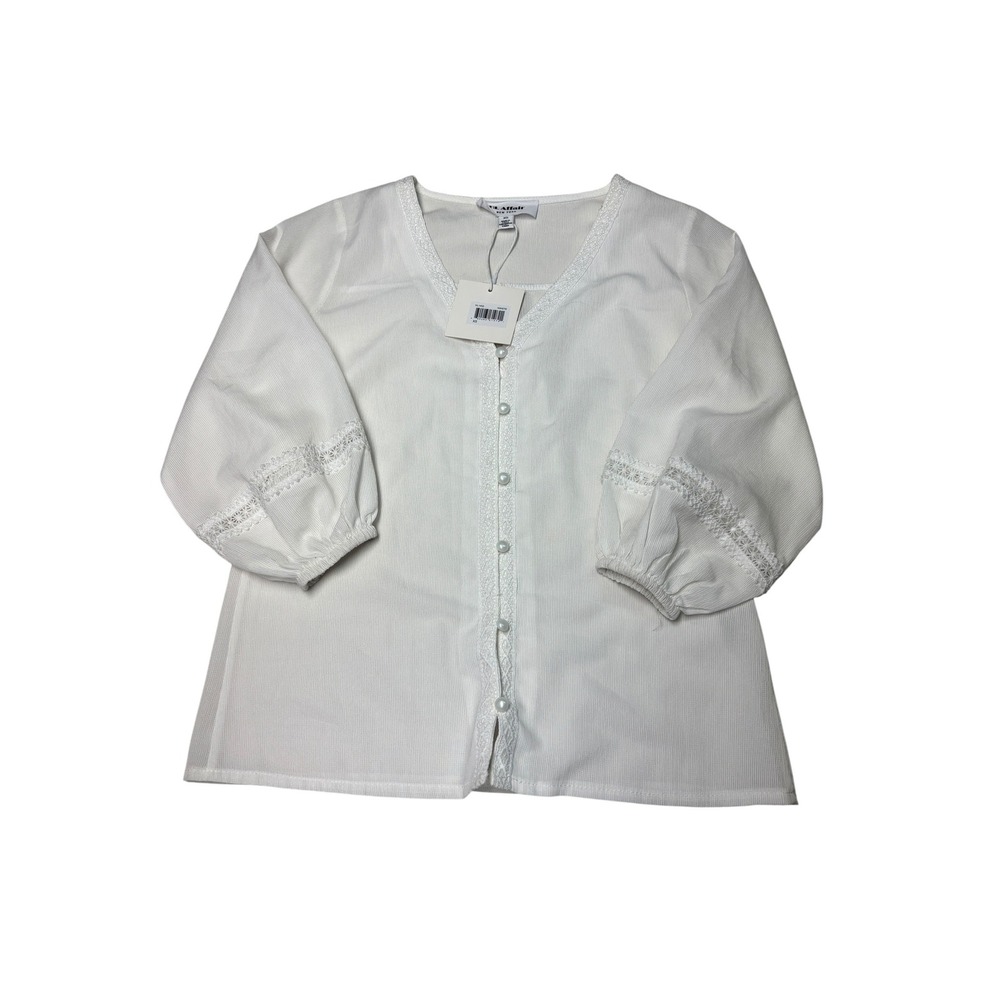 NWT HL Affair New York White Lace Trim Button Down Blouse Women XS Pearl Buttons